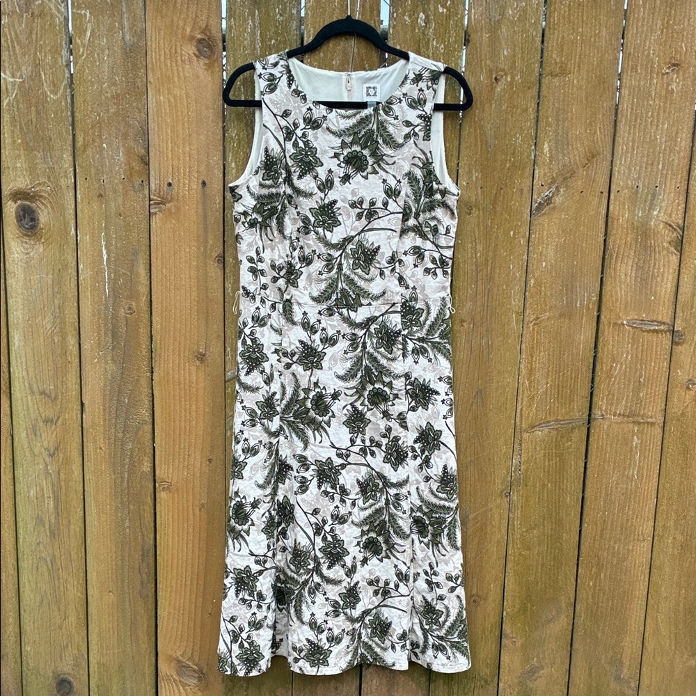 Anne Klein Floral Sleeveless fit and flair Dress - Green & Cream Linen blend